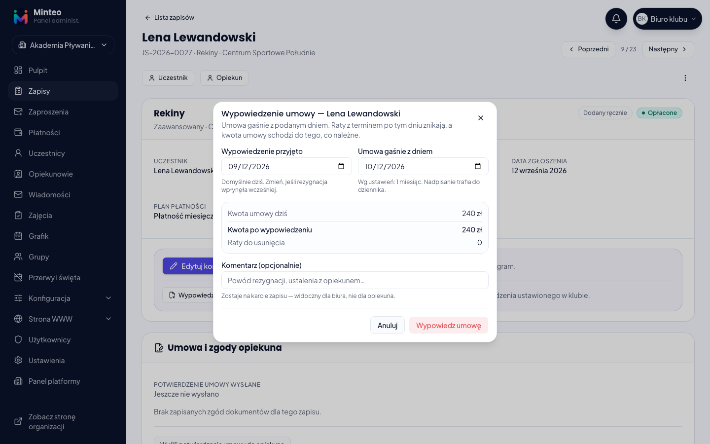 Okno wypowiedzenia umowy z podglądem rozliczenia