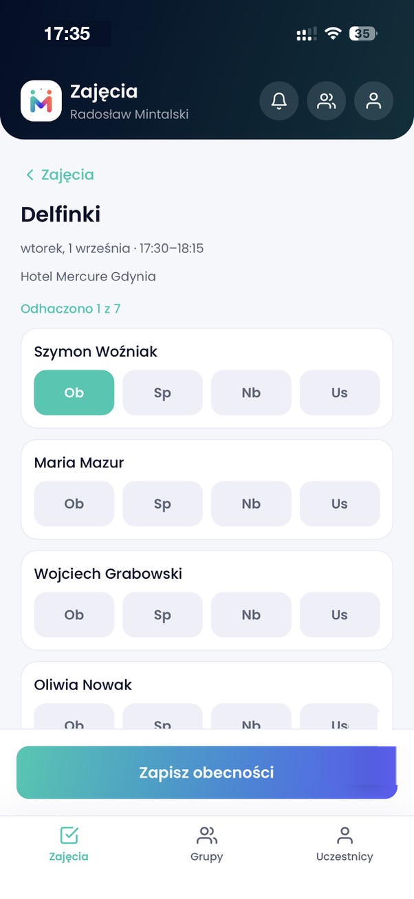 Lista obecności w aplikacji prowadzącego