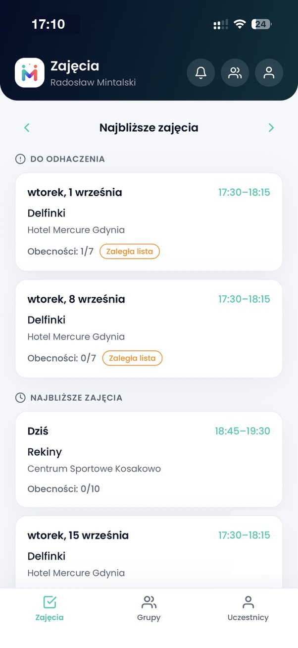 Najbliższe zajęcia prowadzącego w aplikacji