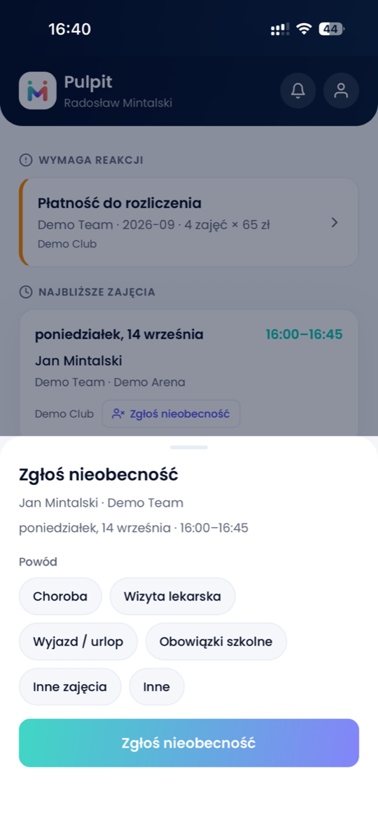 Kalendarz i zgłoszenie nieobecności w aplikacji