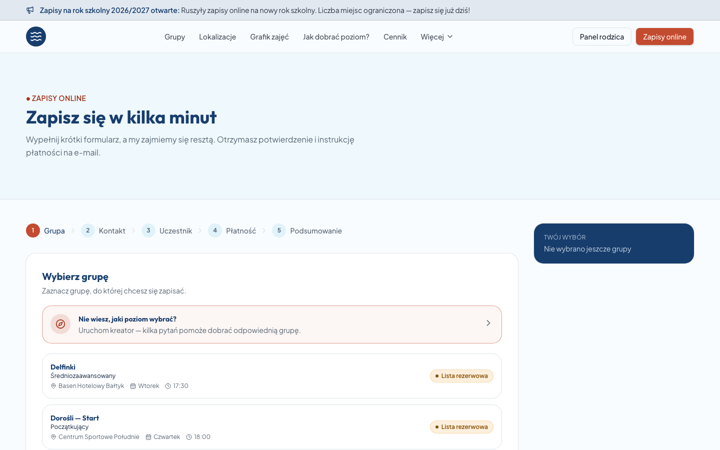 Formularz zapisu z wolnymi miejscami na kartach grup